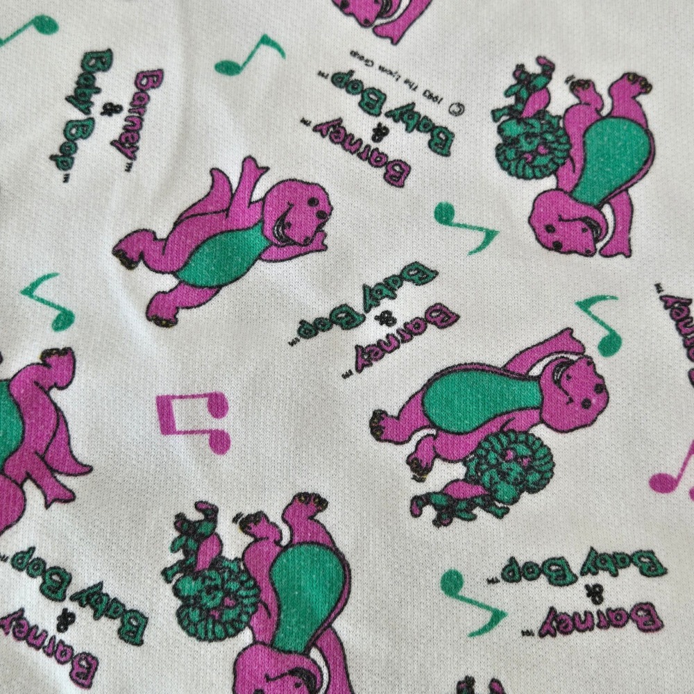 Barney and Baby Bop Fabric White Purple Green Music Notes Vintage‎ 1993 Cozy